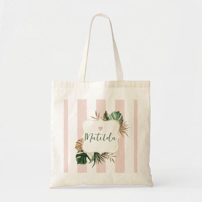 Bolsa Tote Nome elegante de Bridesmaid tropical da faixa rosa (Frente)