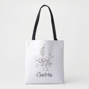 Bolsa Tote Nome elegante flor linha preto branco