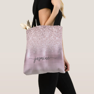 Bolsa Tote Nome em Metal Rosa com Brilho Girly Rose Gold