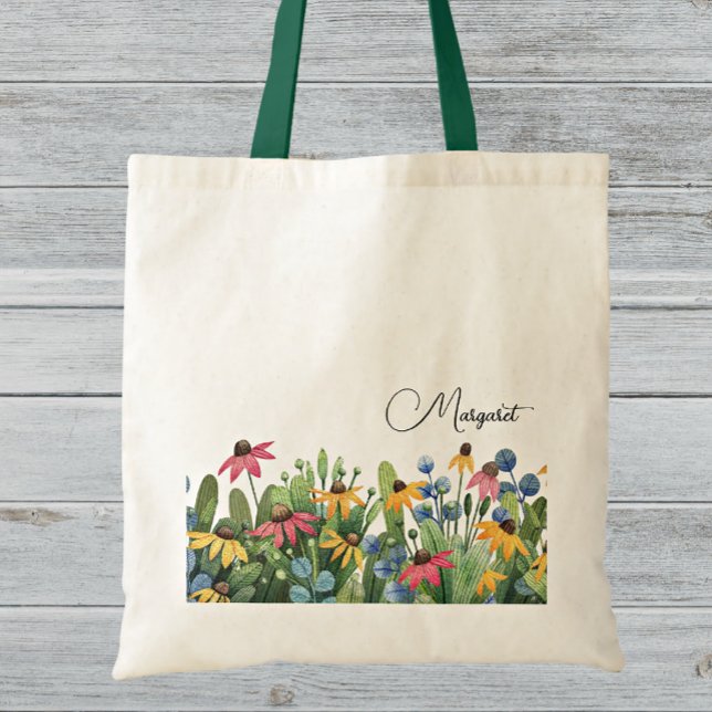 Bolsa Tote Nome Fantasioso em Aquarela de Flores Silvestres d (Criador carregado)