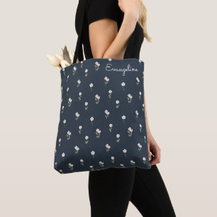 Bolsa Tote Nome Flor Silvestre Boho Floral Delicado Azul Escu
