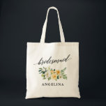 Bolsa Tote Nome floral amarelo da dama de honra da caligrafia<br><div class="desc">Caligrafia elegante moderna,  sacola floral branca amarela do nome da dama de honra da aguarela</div>