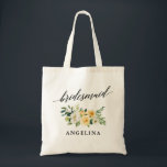 Bolsa Tote Nome floral amarelo da dama de honra da caligrafia<br><div class="desc">Caligrafia elegante moderna,  sacola floral branca amarela do nome da dama de honra da aguarela</div>