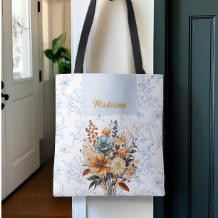 Bolsa Tote Nome Floral Azul Elegante