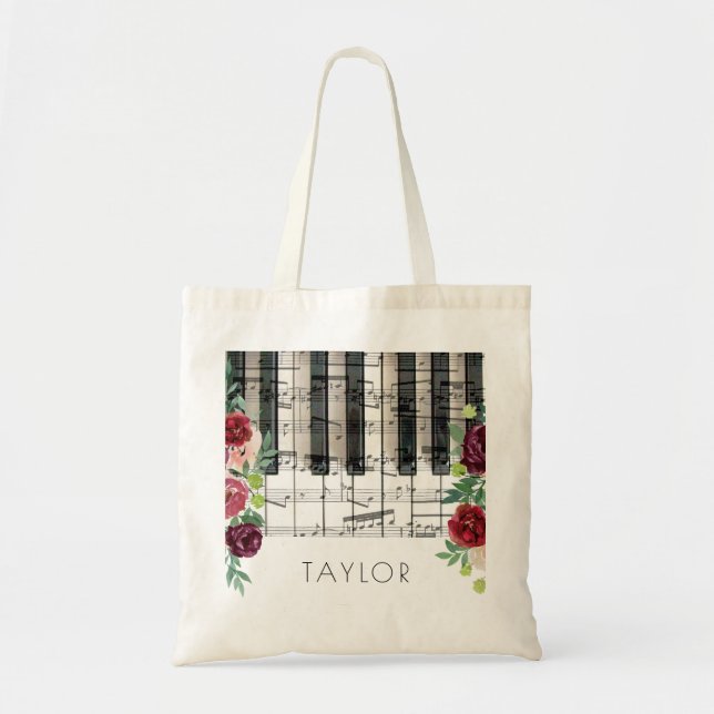 Bolsa Tote nome floral de piano musical (Frente)