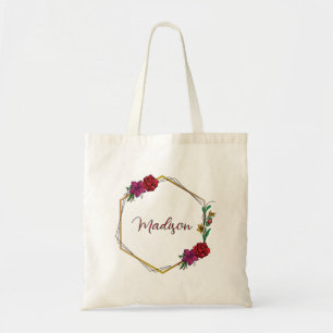 Bolsa Tote Nome Floral Personalizado Geométrico do Rosa do ou