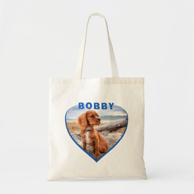 Bolsa Tote Nome Fotográfico do cão Cão Azul Coração (Frente)