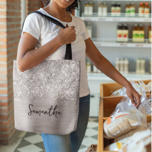 Bolsa Tote Nome Glam Prateado Brilhante