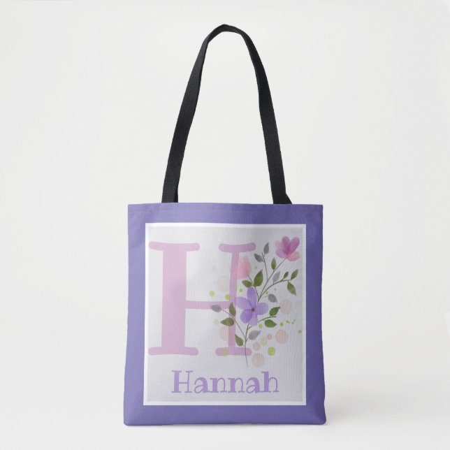 Bolsa Tote Nome inicial de adição Hannah com flores (Frente)