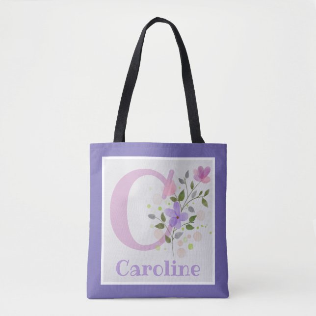 Bolsa Tote Nome inicial do Plus Caroline com Flores (Frente)