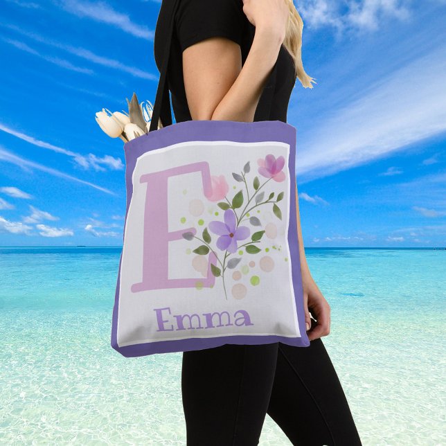 Bolsa Tote Nome inicial do Plus Emma com Flores (Criador carregado)