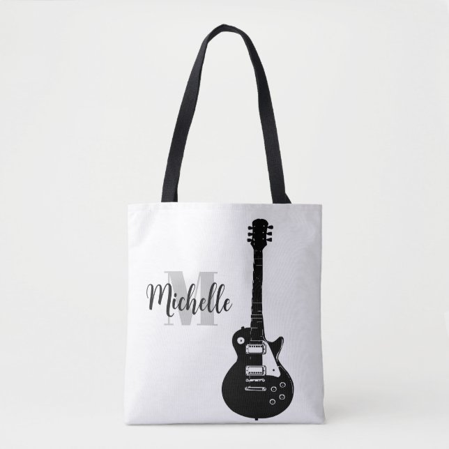 Bolsa Tote nome, inicial e preto treble music Guitar (Frente)