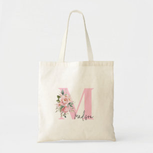 Bolsa Tote Nome inicial Elegante moderno Monograma Floral Ros