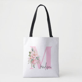Bolsa Tote Nome inicial Elegante moderno Monograma Floral Ros