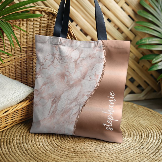 Bolsa Tote Nome Metálico do mármore branco Dourado Glam Rosa (Criador carregado)