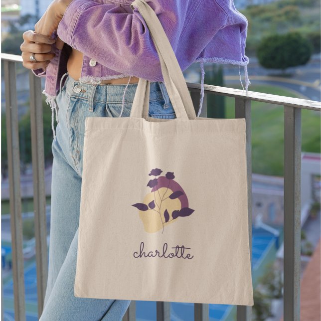 Bolsa Tote Nome Moderno Boho Floral e Script (Criador carregado)