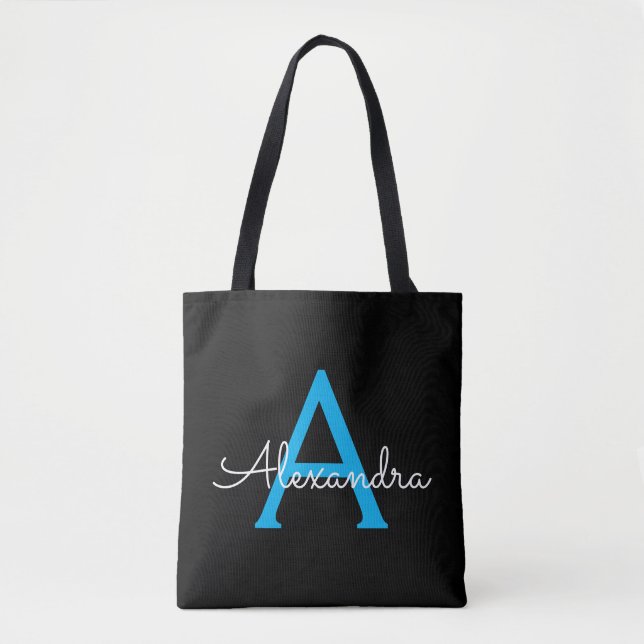 Bolsa Tote Nome moderno de monograma de script feminino azul  (Frente)