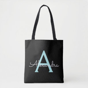 Bolsa Tote Nome Moderno do Monograma de Script Girly Azul Azu