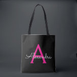 Bolsa Tote Nome Moderno do Monograma de Script Negra-Rosa-Que<br><div class="desc">Preto e Rosa Quente,  Adicione Seu Próprio Nome Monograma Book Bag. Este Livro Bag pode ser personalizado para incluir seu nome inicial e próprio e ser dado como presente para o Natal,  Doce 16 Aniversário,  Chá de panela ou Casamento.</div>