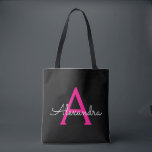Bolsa Tote Nome Moderno do Monograma de Script Negra-Rosa-Que<br><div class="desc">Preto e Rosa Quente,  Adicione Seu Próprio Nome Monograma Book Bag. Este Livro Bag pode ser personalizado para incluir seu nome inicial e próprio e ser dado como presente para o Natal,  Doce 16 Aniversário,  Chá de panela ou Casamento.</div>