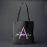 Bolsa Tote Nome Moderno do Monograma de Script Negra Roxo<br><div class="desc">O Elegante Preto e Roxo adiciona o seu próprio nome Monograma Book Bag. Este Livro Bag pode ser personalizado para incluir seu nome inicial e próprio e ser dado como presente para o Natal,  Doce 16 Aniversário,  Chá de panela ou Casamento.</div>