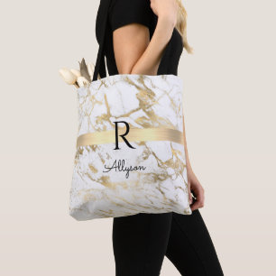 Bolsa Tote Nome & Monograma, Barra de Ouro, Mármore Branco e