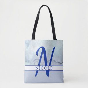 Bolsa Tote Nome/Monograma Blue Watercolor