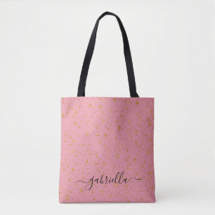 Bolsa Tote Nome Monograma Brilho Dourado Rosa