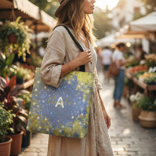 Bolsa Tote Nome Monograma Brilho Faux Dourado e Azul