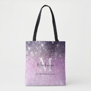 Bolsa Tote Nome Monograma Brilho Gradiente Rosa Roxo Feminino