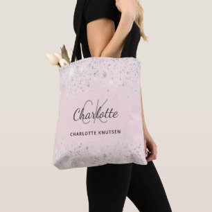 Bolsa Tote Nome monograma com brilho prateado rosa rubor