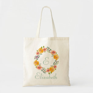 Bolsa Tote Nome Monograma de Damas de Honra Floral Rosa Laran