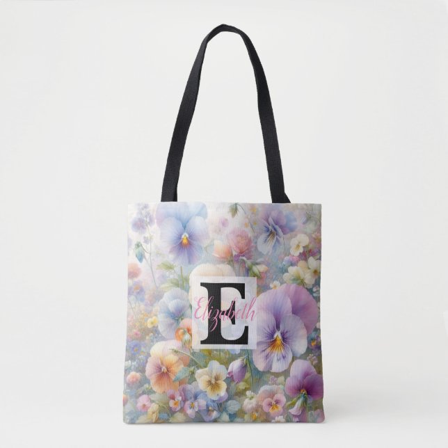 Bolsa Tote Nome monograma em aquarela Flores em pastos (Frente)