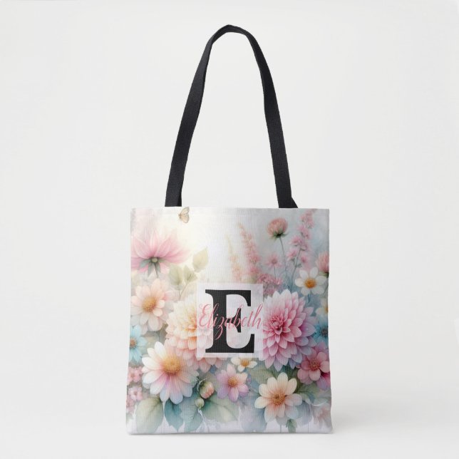 Bolsa Tote Nome monograma em aquarela Flores em pastos (Frente)