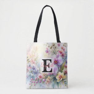 Bolsa Tote Nome monograma em aquarela Flores em pastos