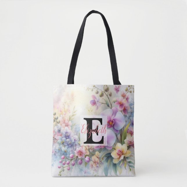 Bolsa Tote Nome monograma em aquarela Flores em pastos (Frente)