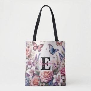 Bolsa Tote Nome monograma em aquarela Flores em pastos