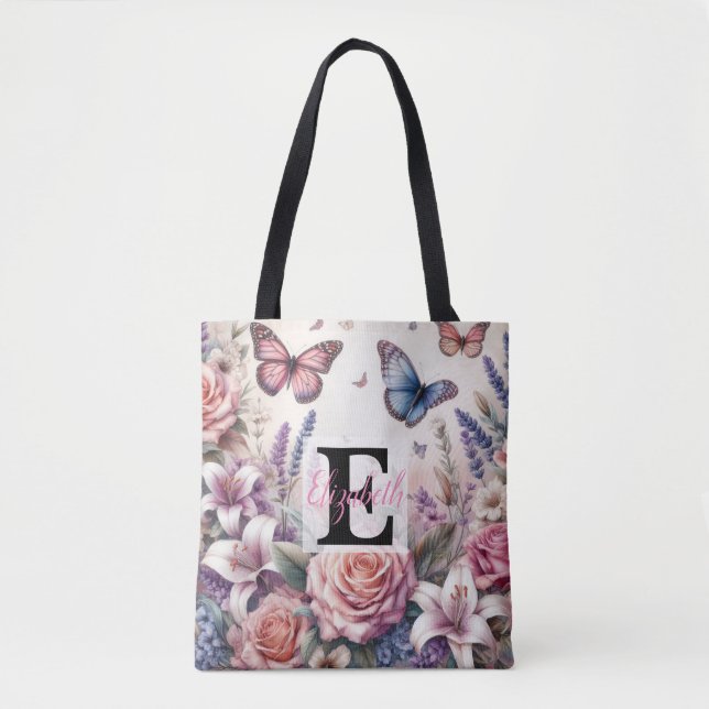 Bolsa Tote Nome monograma em aquarela Flores em pastos (Frente)