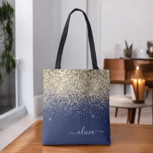 Bolsa Tote Nome Monograma Menina Azul Naval Dourado Brilho La