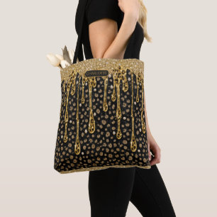 Bolsa Tote Nome Monograma Preto Dourado Brilho Glam