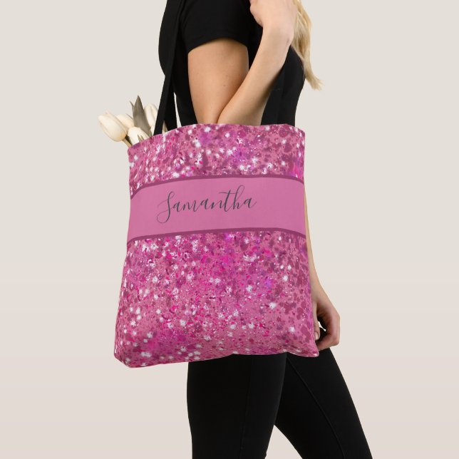 Bolsa Tote Nome Monograma Rosa Quente Brilho Sparkle Glamour  (Close Up)