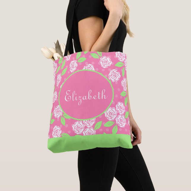 Bolsa Tote Nome monograma Rosa Verde Floral Xadrez Chic (Close Up)