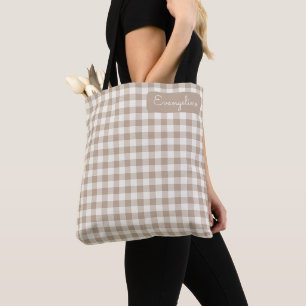 Bolsa Tote Nome Neutro Xadrez com Padrão de Gingham Boho