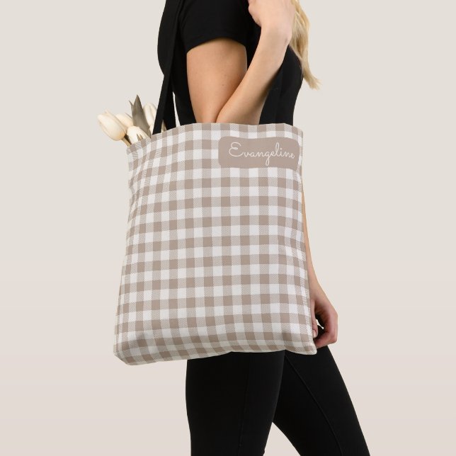 Bolsa Tote Nome Neutro Xadrez com Padrão de Gingham Boho (Close Up)