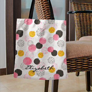 Bolsa Tote Nome, Padrão Abstrato Rosa Preto Dourado Círculos