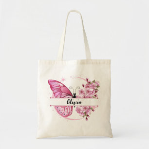 Bolsa Tote Nome Personalizado Borboleta Rosa e Design Floral 