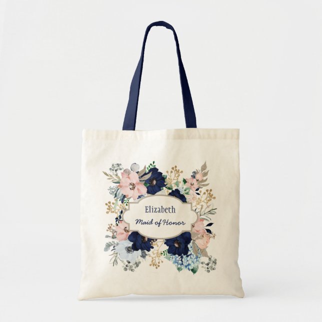Bolsa Tote Nome Personalizado Bridal Rosa Rosa Rosa Azul (Frente)