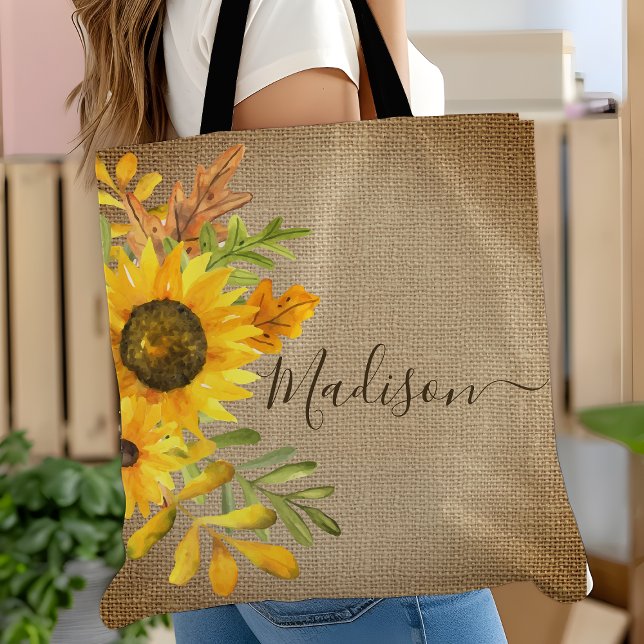 Bolsa Tote Nome Personalizado Burlap Country Rustic Sunflower (Criador carregado)