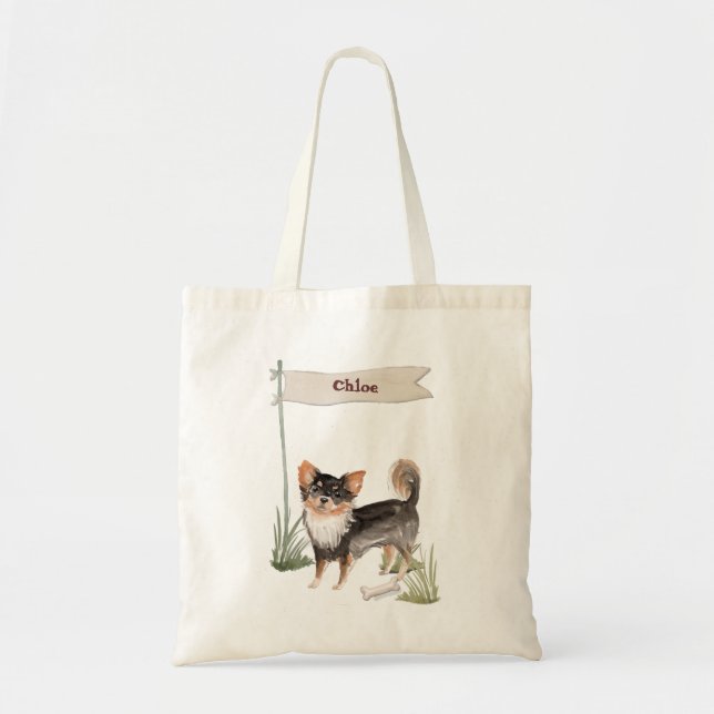 Bolsa Tote Nome Personalizado Cão-Pet Chihuahua de Longa Cabe (Frente)