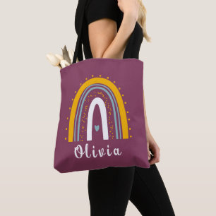 Bolsa Tote Nome Personalizado com Boho Rainbow Minimalista